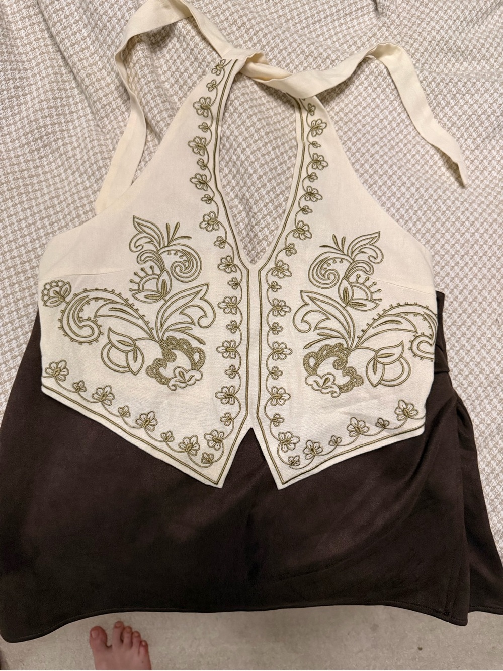 NWOT SHEIN Cream & Dark Brown Embroidered Halter Tank Top - Picture 3 of 5